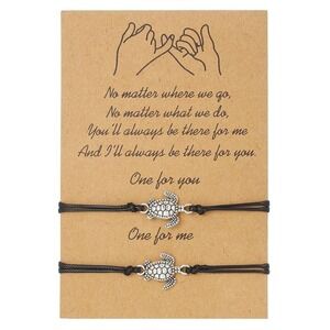 2Pcs Matching Sea Turtle Friendship Bracelets Black Cord Adjustable Pinky Swear